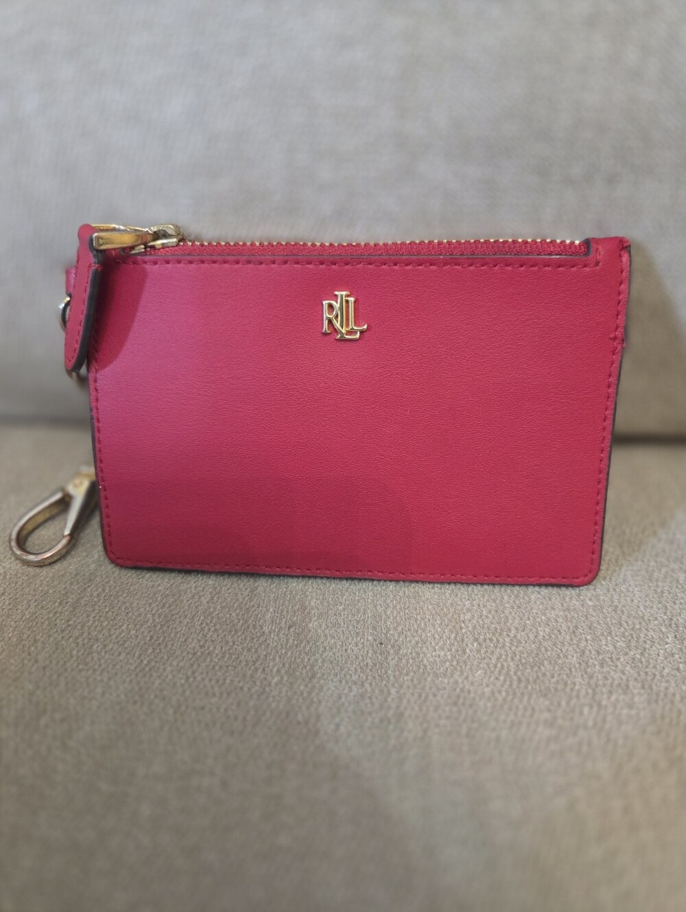 Ralph Lauren Red Leather Zip Card Case Key Pouch with Gold RL Accent